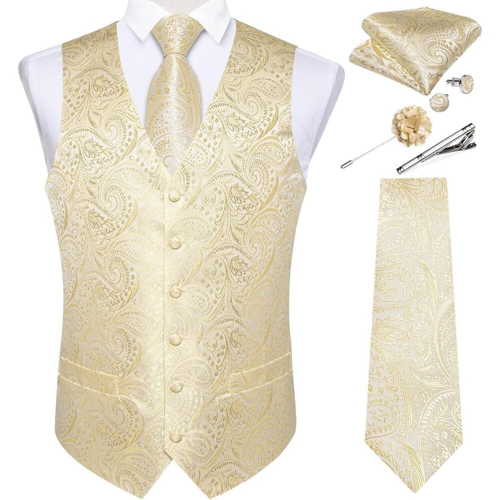 Mens Vest and Tie Set -  Champagne Paisley